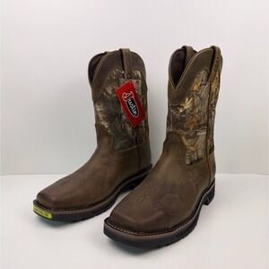 Justin X Realtree Pull On Square Toe Boots Men's Size 8.5 Leather Brown MJ1003